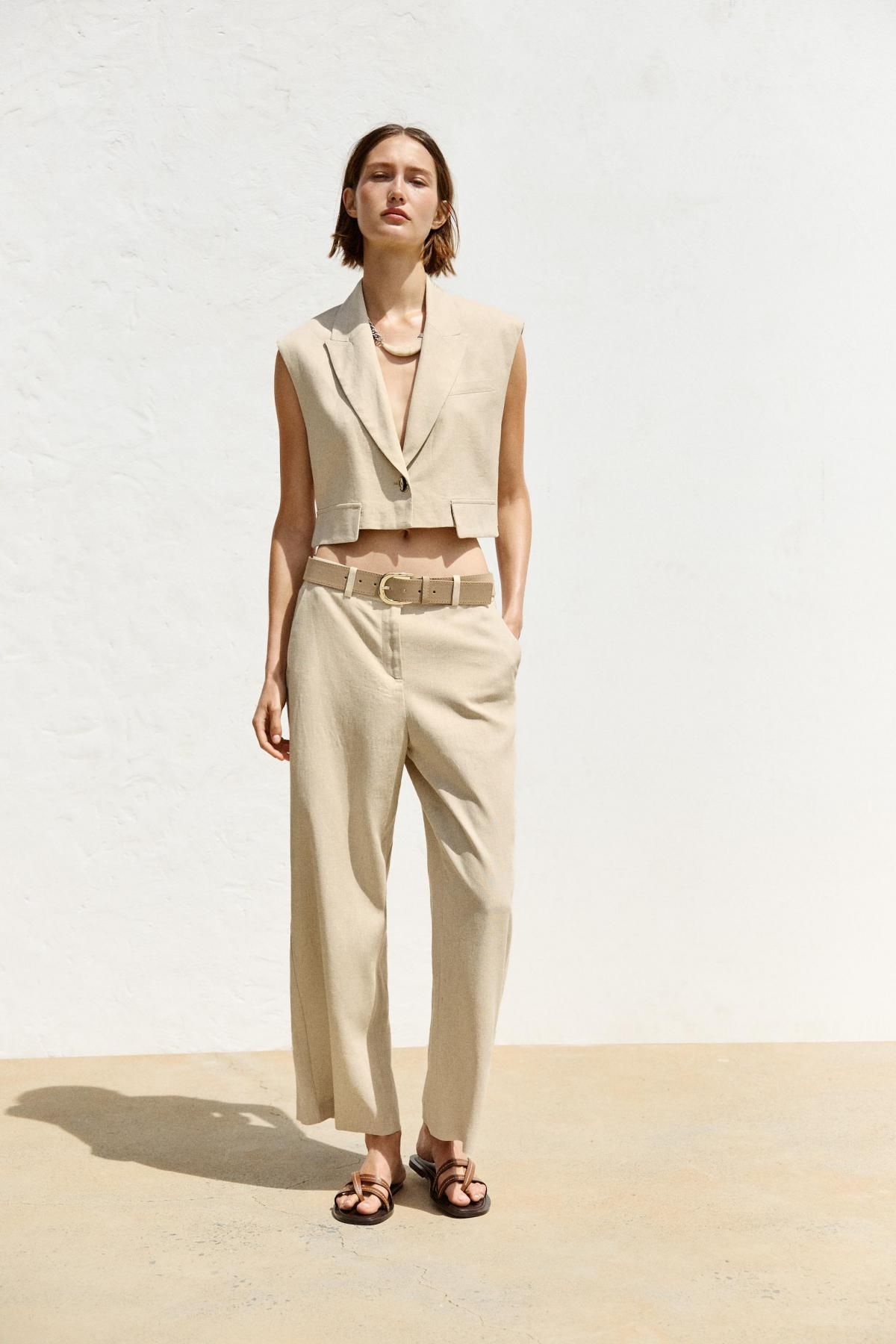 자라 린넨블렌드 하이웨이스트 와이드 벨트 크롭 팬츠 3584/998 LIGHT BEIGE - 상세 이미지 2