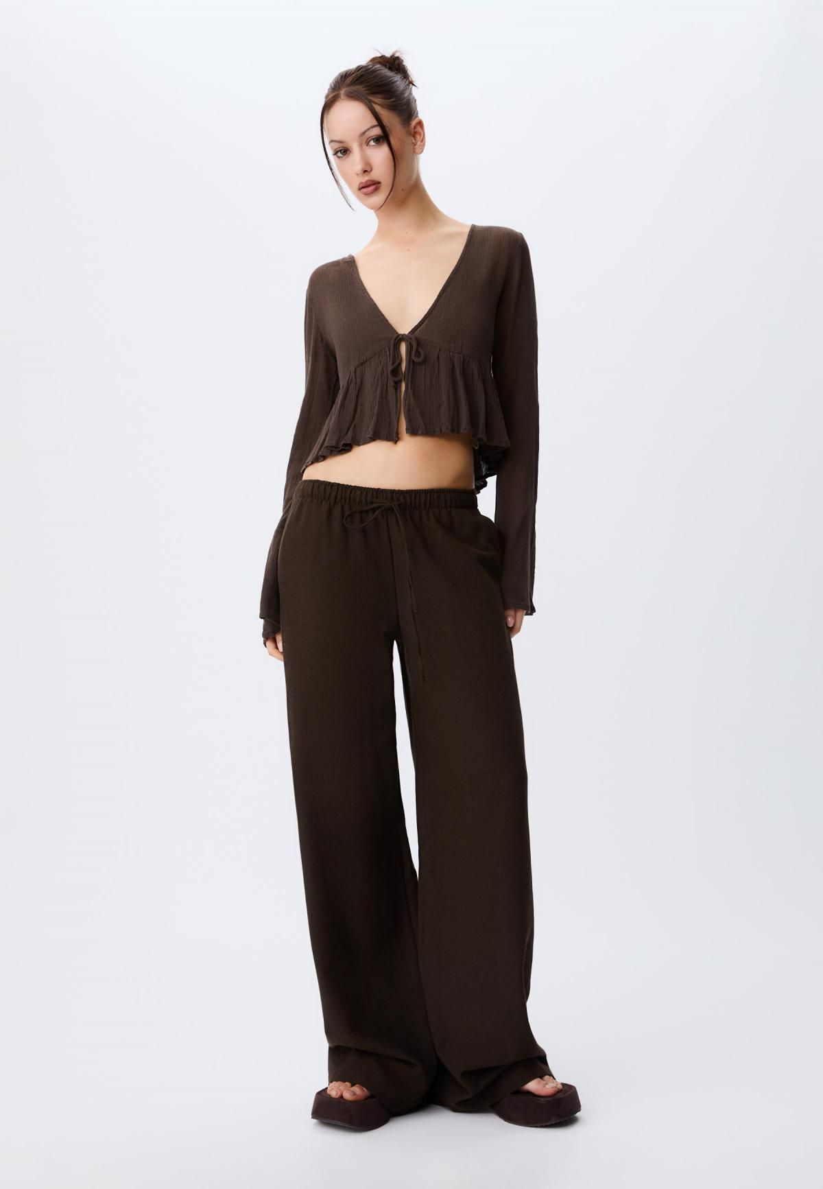 스트라디바리우스 타이 러플 브이넥 크롭 셔츠 7145/550 BROWN - 상세 이미지 5