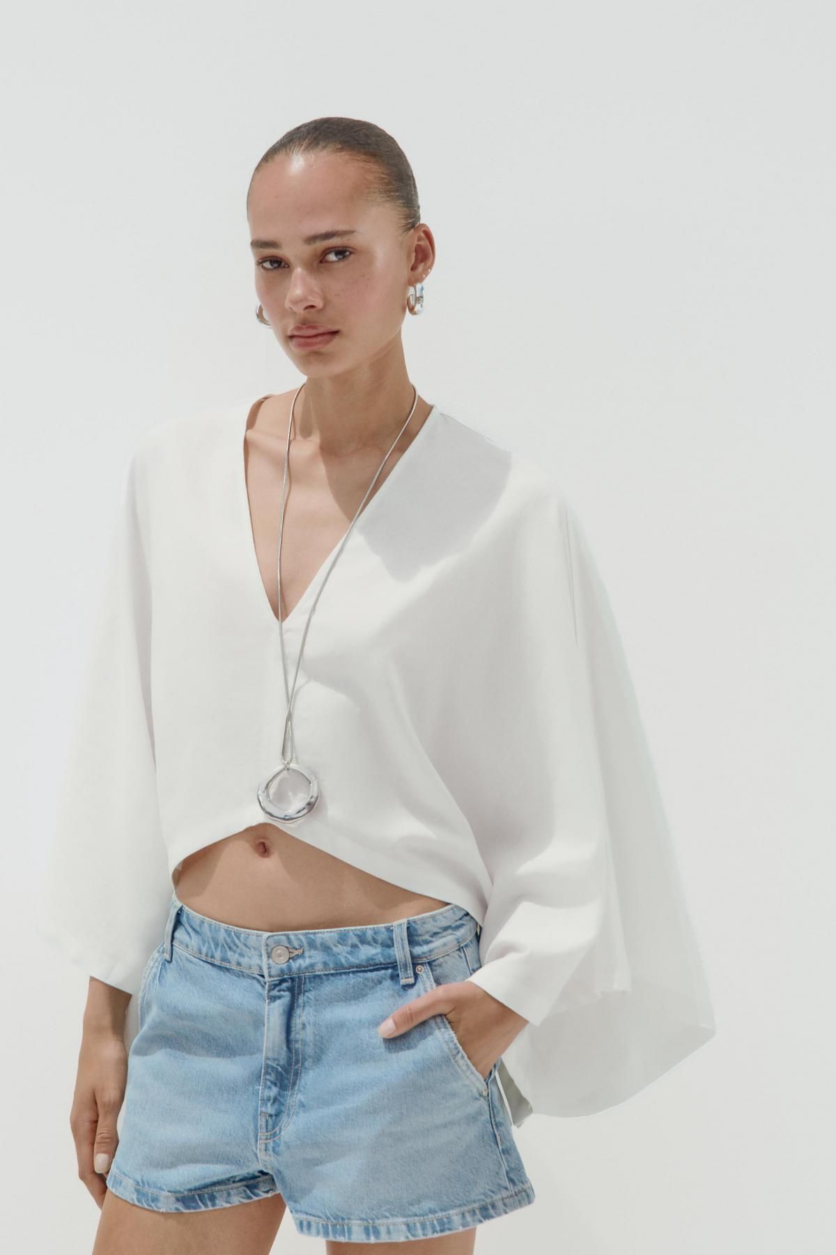 자라 미니멀 린넨 블렌드 비대칭 케이프 기모노 5427/871 OYSTER-WHITE - 상세 이미지 3