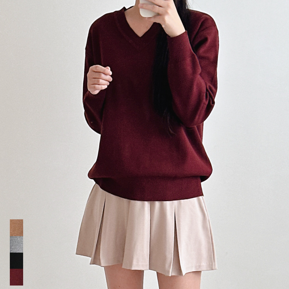 여성 브이넥니트 부드러운 루즈핏 국내생산 가을 겨울 데일리룩 블랙 버건디 그레이 베이지 - 메인 이미지