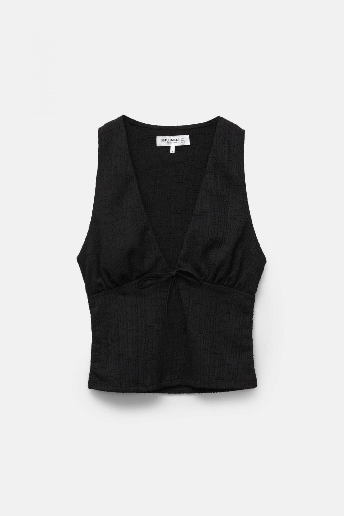 풀앤베어 리본 민소매 브이넥 크레이프 탑 7150/343 BLACK - 상품 이미지