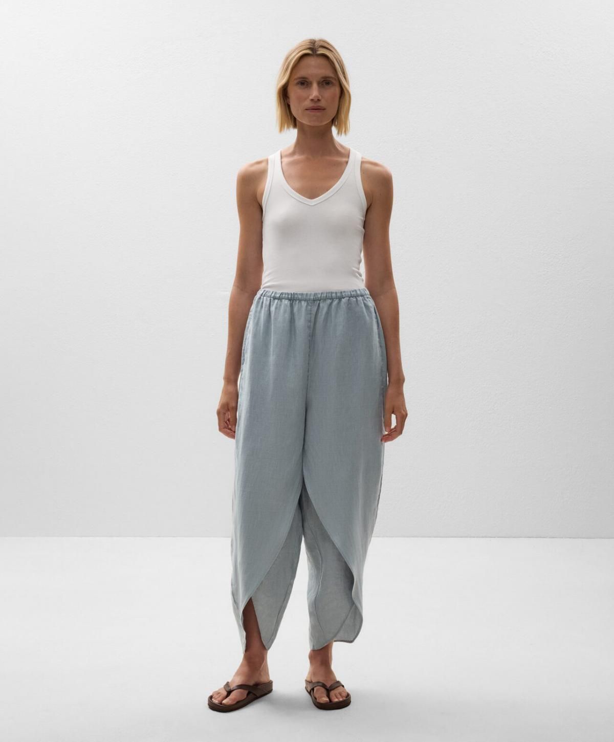 오이쇼 린넨 와이드 배럴 팬츠 라운드 슬릿 밴딩 3361/873 BLUEGREY - 상세 이미지 2