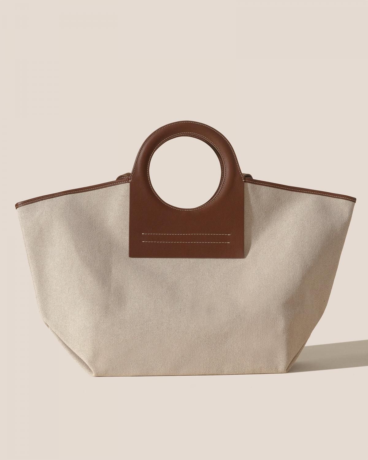 헤레우 CALA L 가죽 트림 캔버스 토트백 7697105846488 BEIGE/CHESTNUT - 메인 이미지