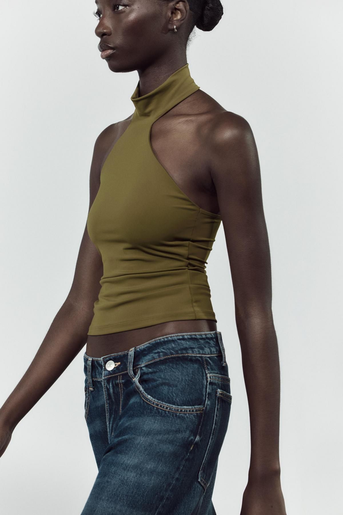 자라 폴리아미드 홀터넥 탑 3641/153 OLIVE GREEN - 상세 이미지 4