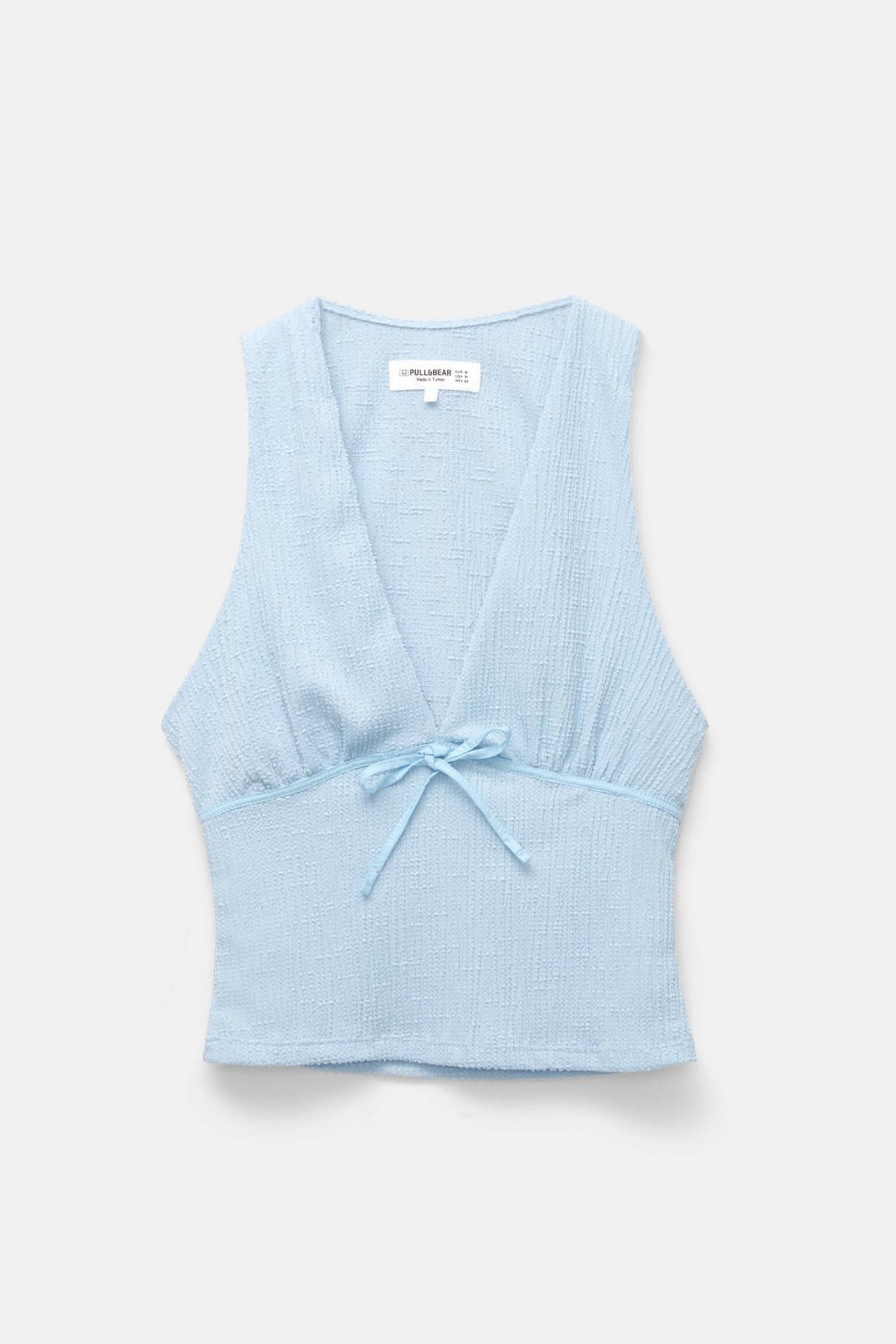 풀앤베어 브이넥 민소매 크레이프 리본 탑 7150/343 BLUE - 상품 이미지