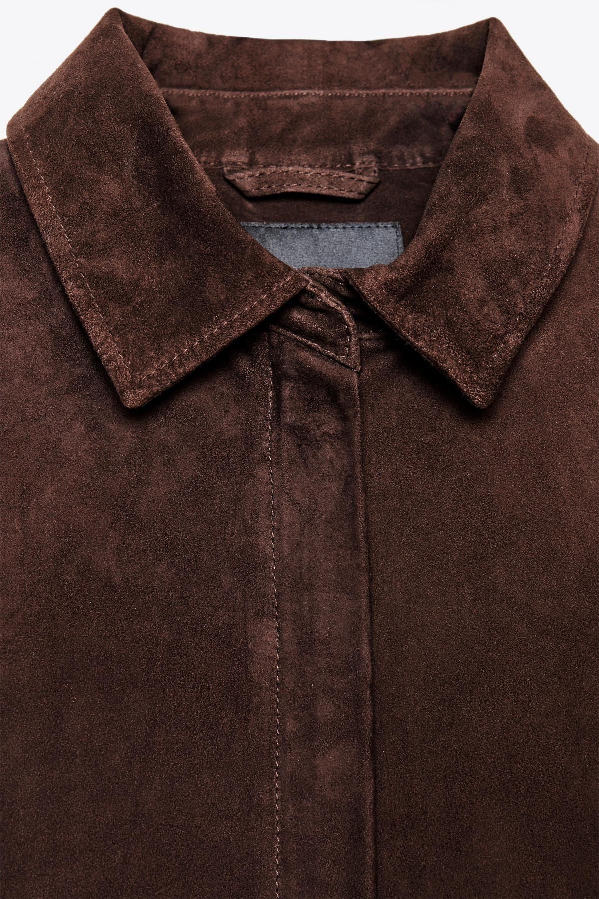 자라 100 스웨이드 레더 오버셔츠 1966/047 BROWN - 상세 이미지 4
