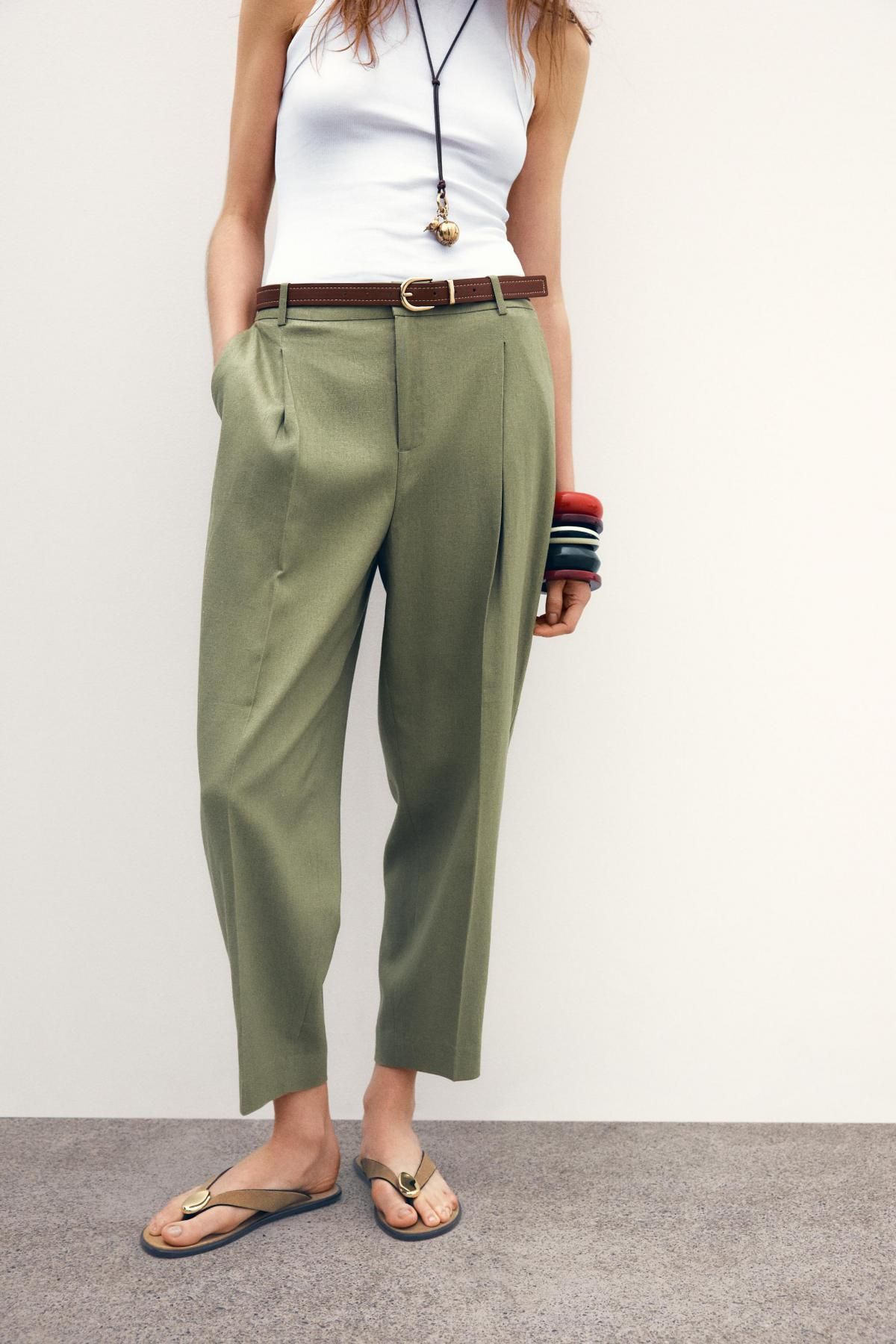 자라 린넨 벨티드 스트레이트 팬츠 2753/128 LIGHT KHAKI - 상품 이미지