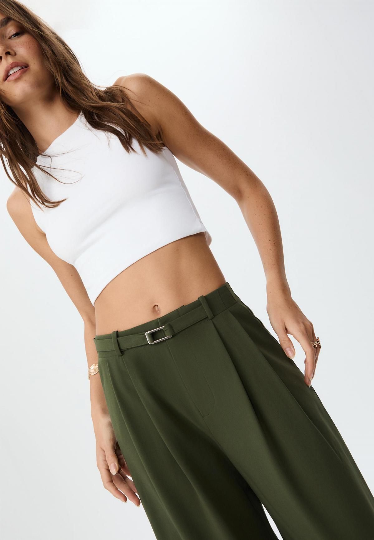 스트라디바리우스 테크니컬 하이웨이스트 버클 와이드 팬츠 1152/179 GREEN - 상세 이미지 5