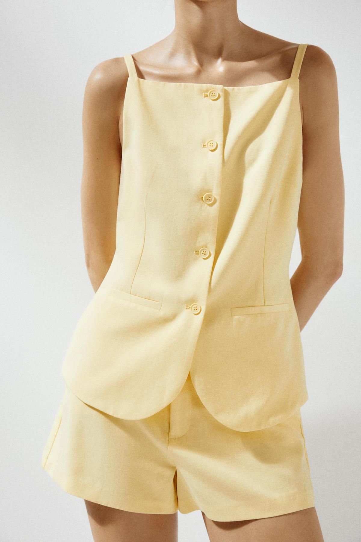 자라 린넨 슬림핏 버튼 웨이스트코트 민소매 탑 2010/884 LIGHT YELLOW - 상세 이미지 3