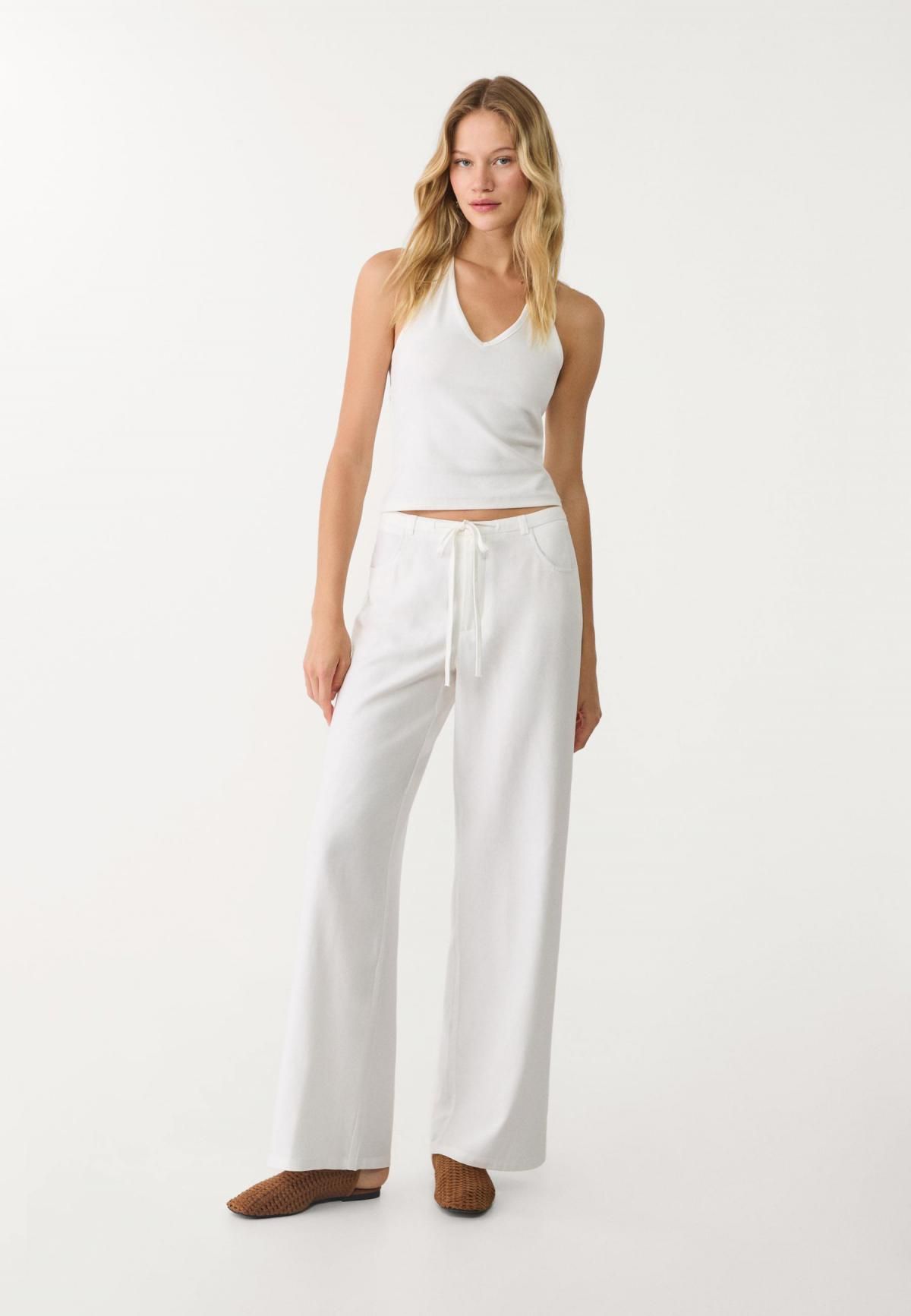 스트라디바리우스 린넨블렌드 와이드 밴딩팬츠 1204/543 ECRU - 상세 이미지 4