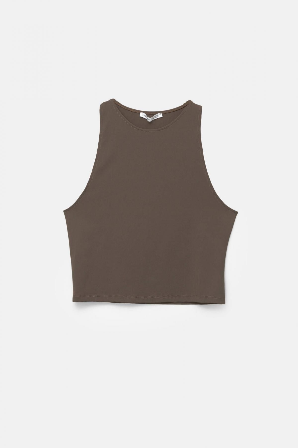 풀앤베어 크롭 미니멀 스트레치 폴리아미드 베스트 탑 3248/300 BROWN - 상품 이미지
