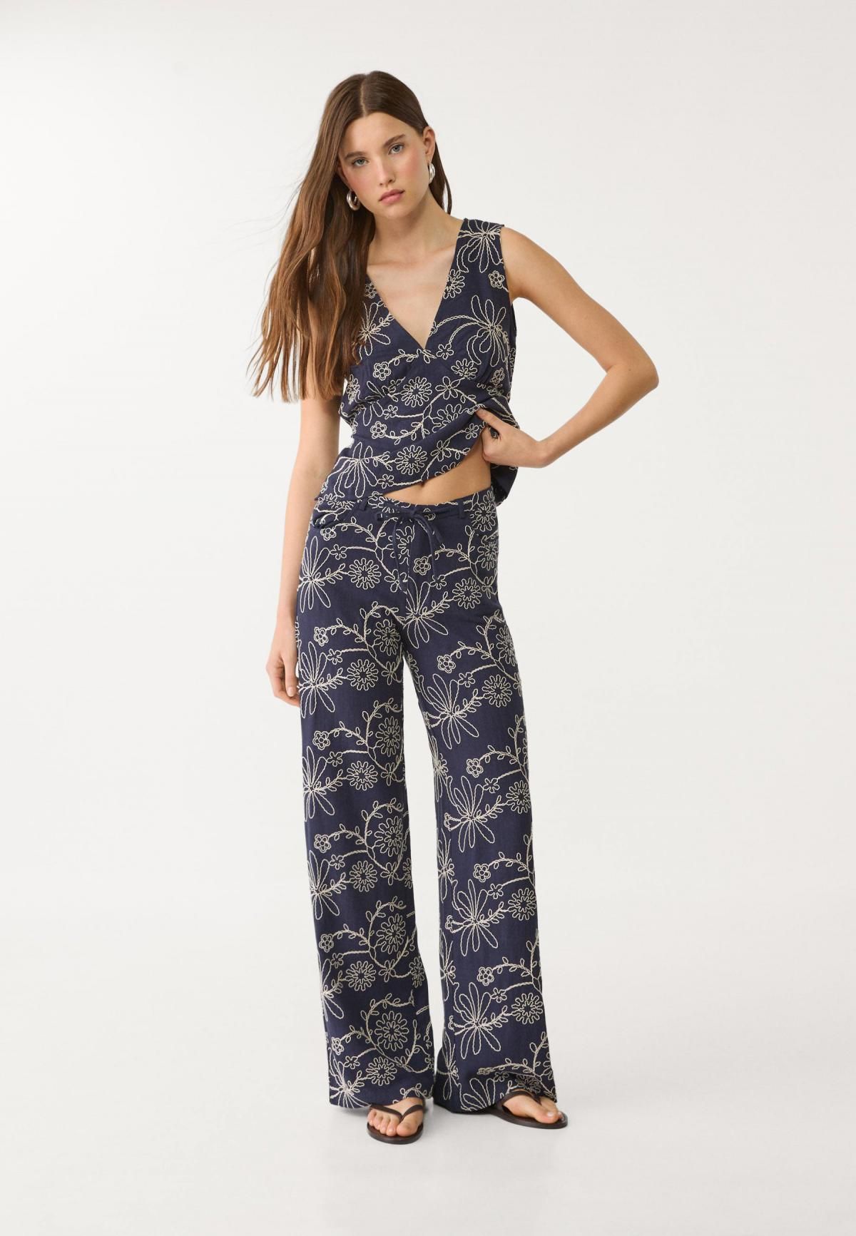 스트라디바리우스 리넨블렌드 자수 스트레이트핏 와이드 팬츠 1204/565 NAVY BLUE - 상세 이미지 3