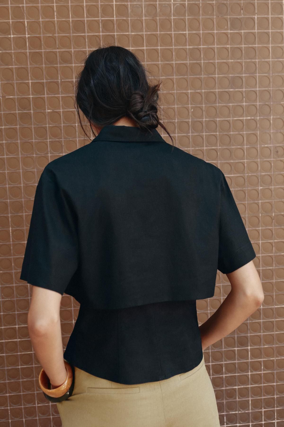 자라 린넨블렌드 더블레이어 반팔셔츠 8029/723 BLACK - 상세 이미지 5