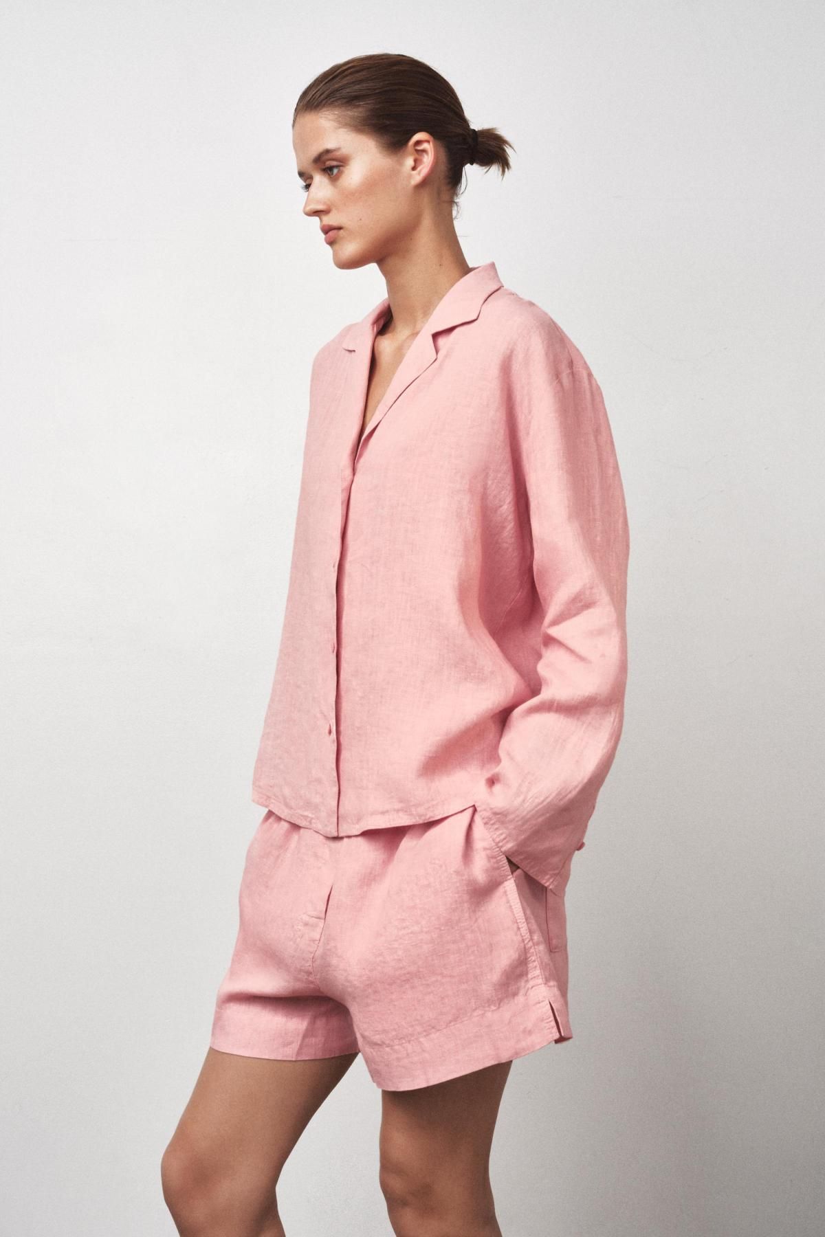 자라 린넨 루즈핏 브이넥 긴팔 셔츠 4786/101 PINK - 상세 이미지 3