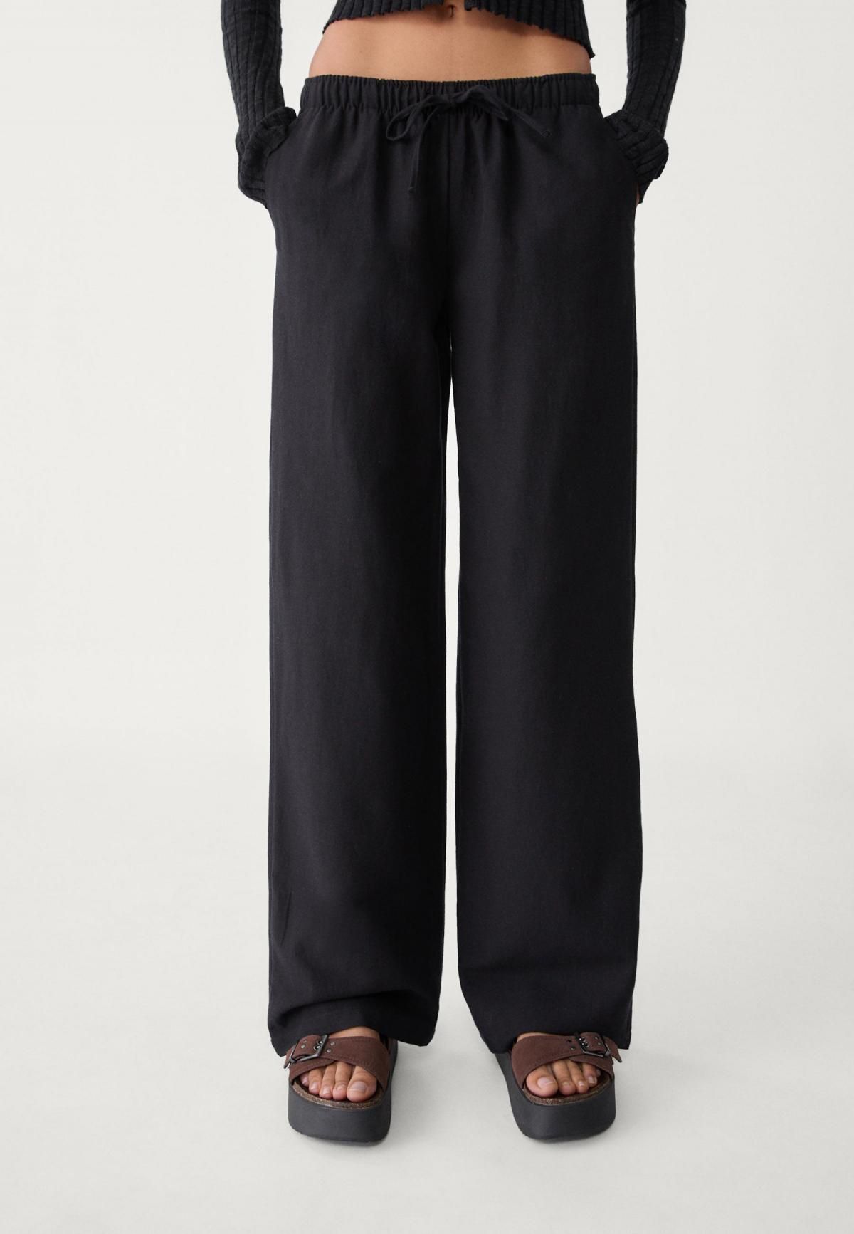 스트라디바리우스 린넨블렌드 와이드 스트레이트 밴딩팬츠 7255/450 BLACK - 상품 이미지