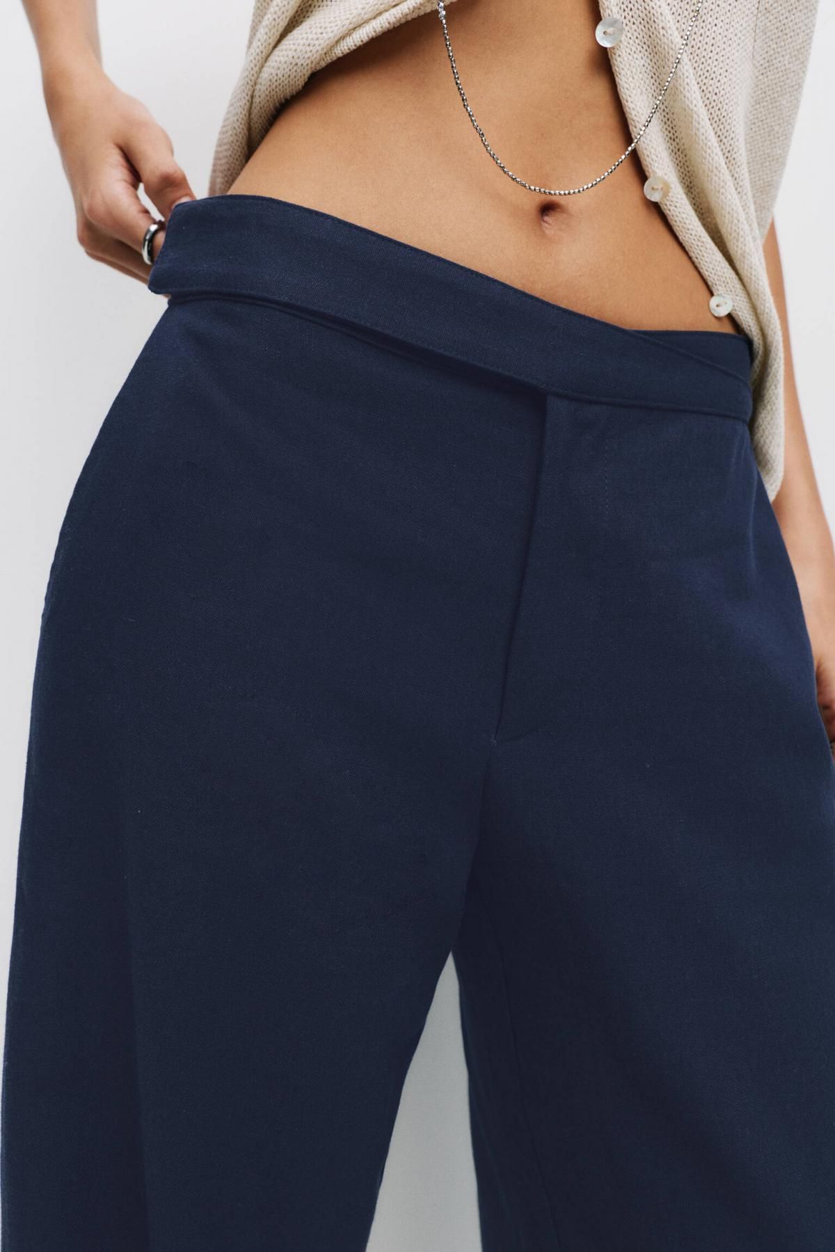 풀앤베어 린넨 블렌드 와이드 크로스 스트레이트 팬츠 7675/311 NAVY - 상세 이미지 4