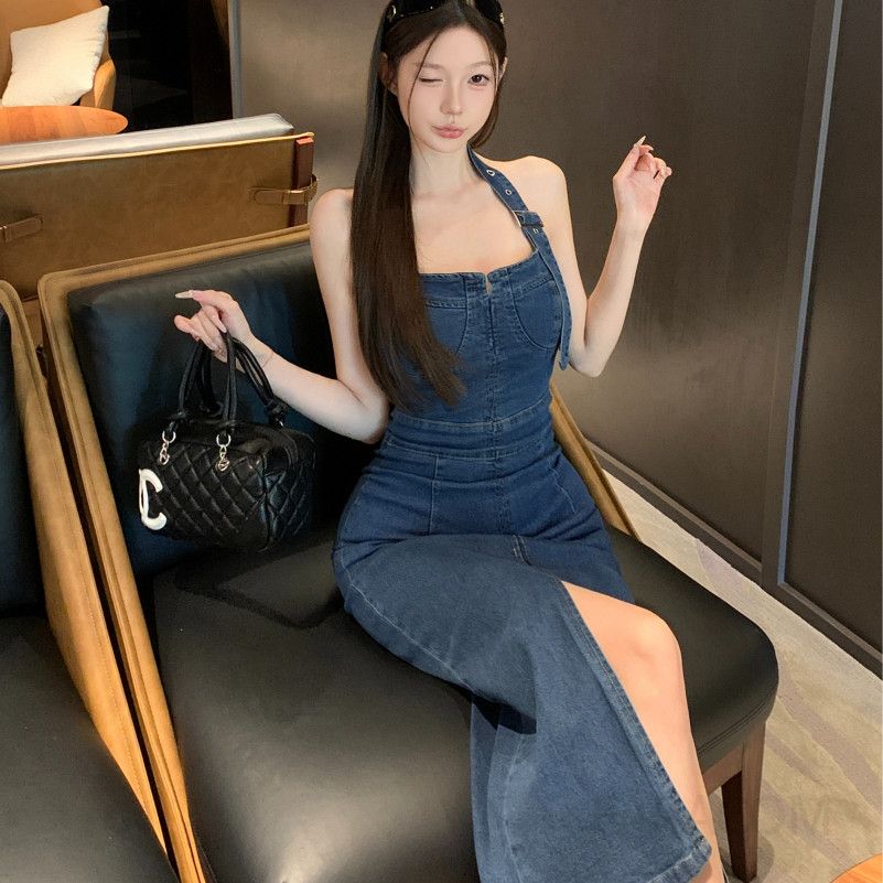 여성 홀터넥 데님 롱원피스 S라인 슬림핏 빈티지 워싱 하이웨스트 앞트임 민소매 뷔스티에 청원피스 데이트룩 바캉스룩 봄 여름 - 상세 이미지 5