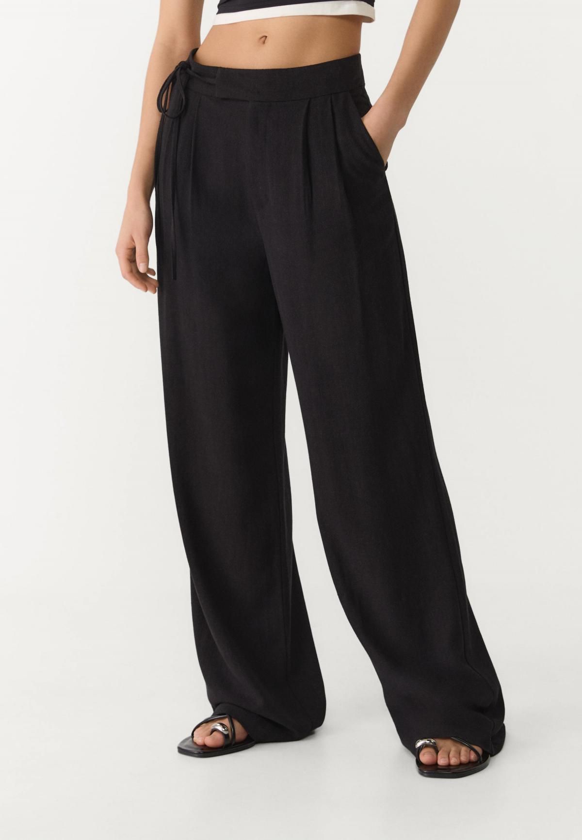 스트라디바리우스 리넨블렌드 타이 와이드 팬츠 7306/610 BLACK - 상품 이미지