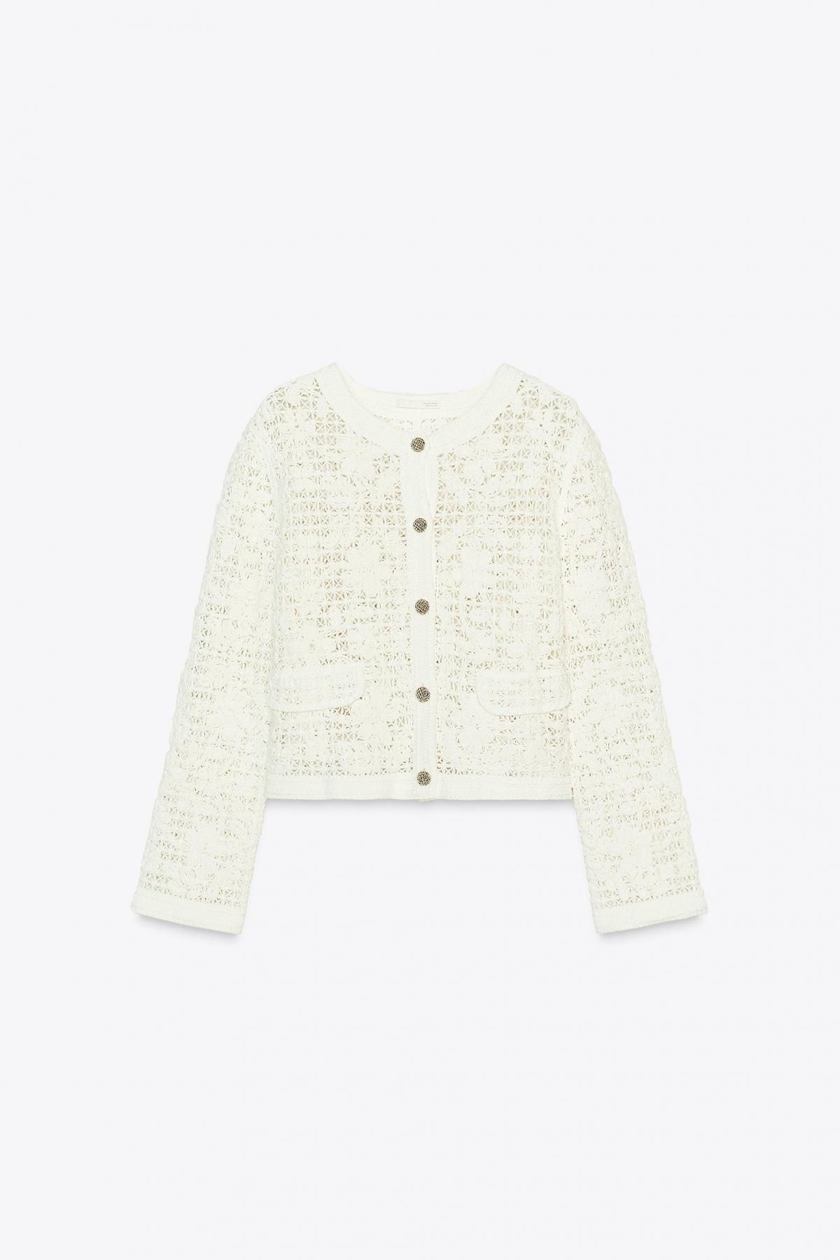 자라 크로셰 라운드넥 크롭 재킷 라인스톤 버튼 8779/179 OYSTER-WHITE - 메인 이미지