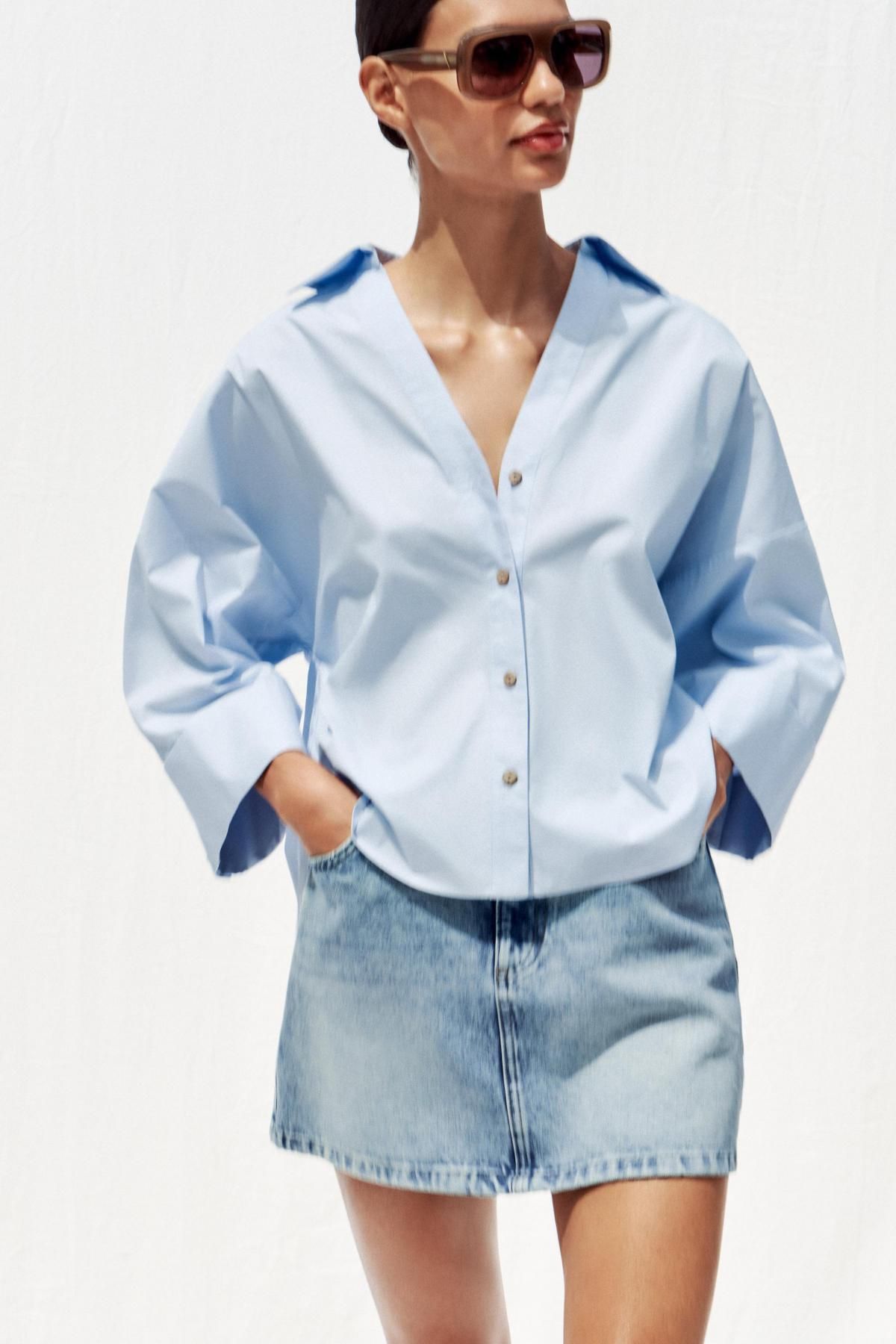 자라 미니멀 와이드슬리브 포플린 셔츠 2246/534 LIGHT BLUE - 상세 이미지 4