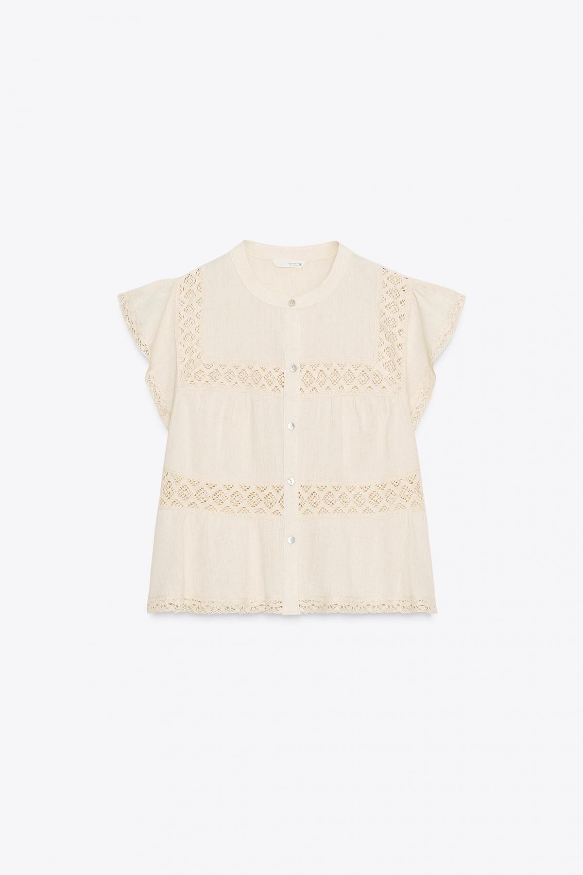 자라 크로셰 래더 스티치 버튼 라운드넥 반팔 블라우스 3666/107 LIGHT BEIGE - 메인 이미지