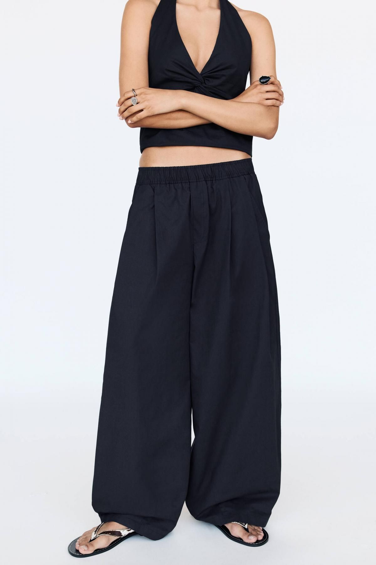 풀앤베어 와이드핏 배럴 팬츠 엘라스틱 웨이스트 밴딩 100코튼 7675/316 NAVY - 상품 이미지