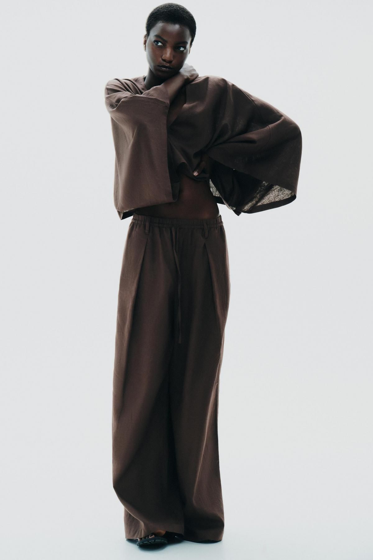 자라 린넨블렌드 와이드 팬츠 1255/507 BROWN - 상세 이미지 2