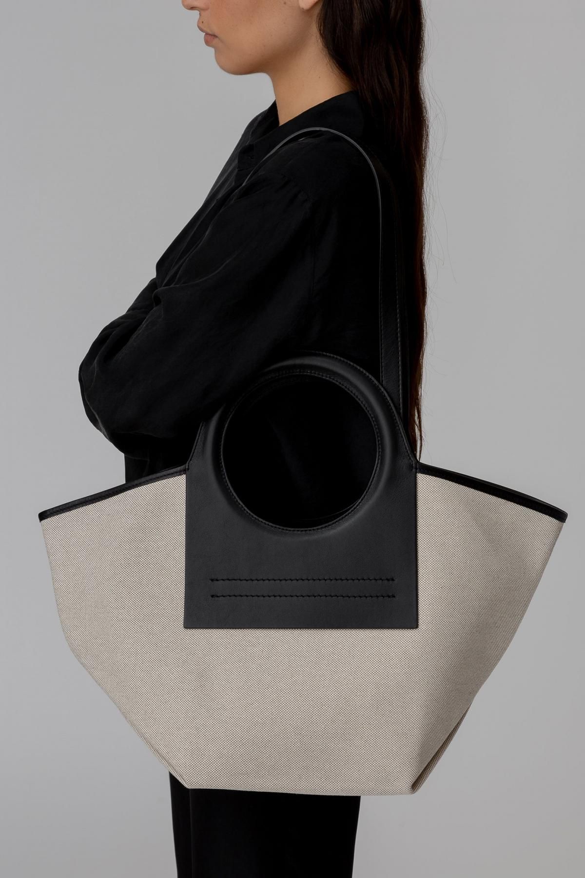 헤레우 CALA S 가죽 트림 캔버스 토트백 7697104175320 BEIGE/BLACK - 상세 이미지 2