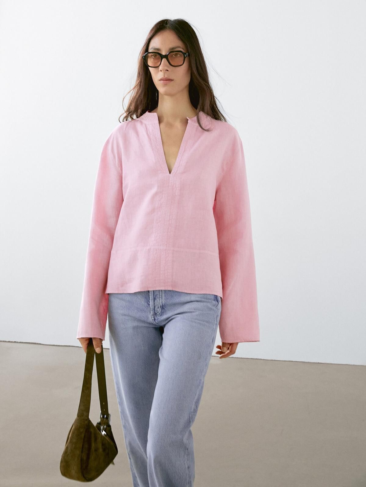 마시모두띠 린넨 브이넥 스탠드카라 긴팔블라우스 5158/530 FADED PINK - 상세 이미지 3