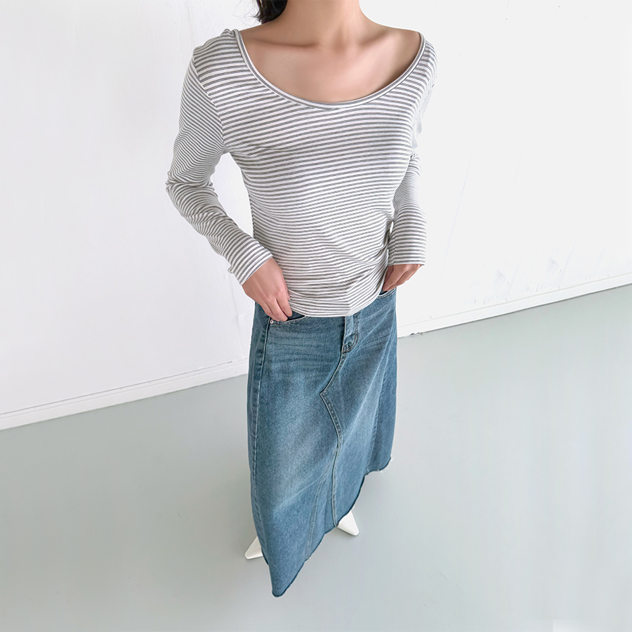 웨이브 롱 데님 스커트 A라인 슬림 청치마 중청 데님 롱치마 - 상세 이미지 2