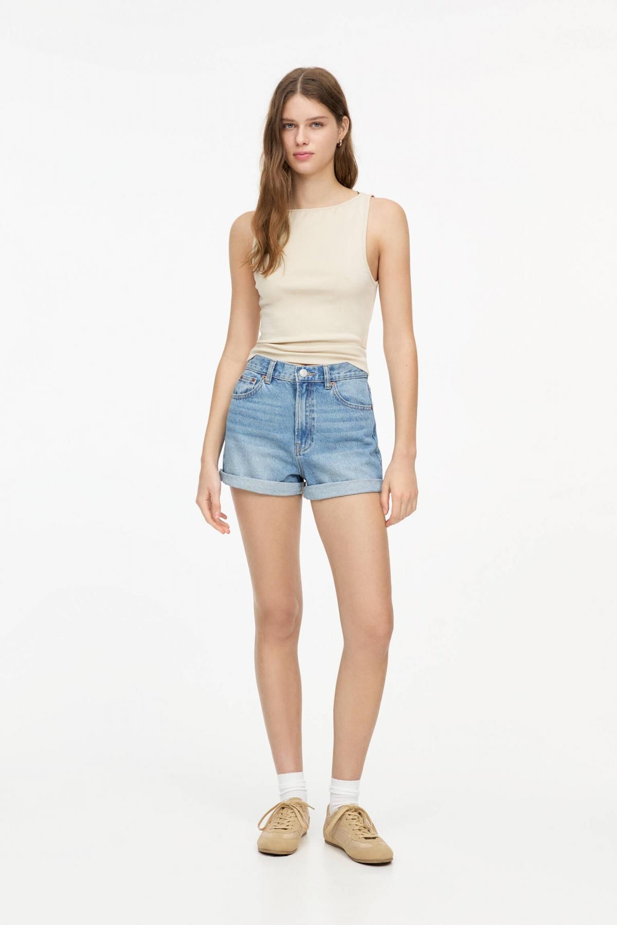 풀앤베어 트렌디 하이웨이스트 데님 턴업 맘핏 반바지 3697/302 MEDIUM BLUE - 상세 이미지 5