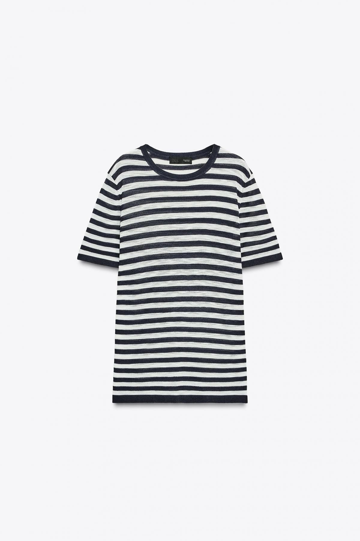자라 스트라이프 라운드넥 반팔 니트 반팔 티셔츠 9325/100 NAVY / WHITE - 상품 이미지