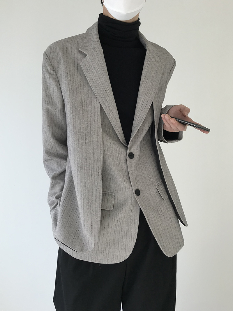 COLN 가을 블레이저 자켓 정장 레이어드 디자인 유니크 남녀공용 그레이 블랙 - 상세 이미지 2