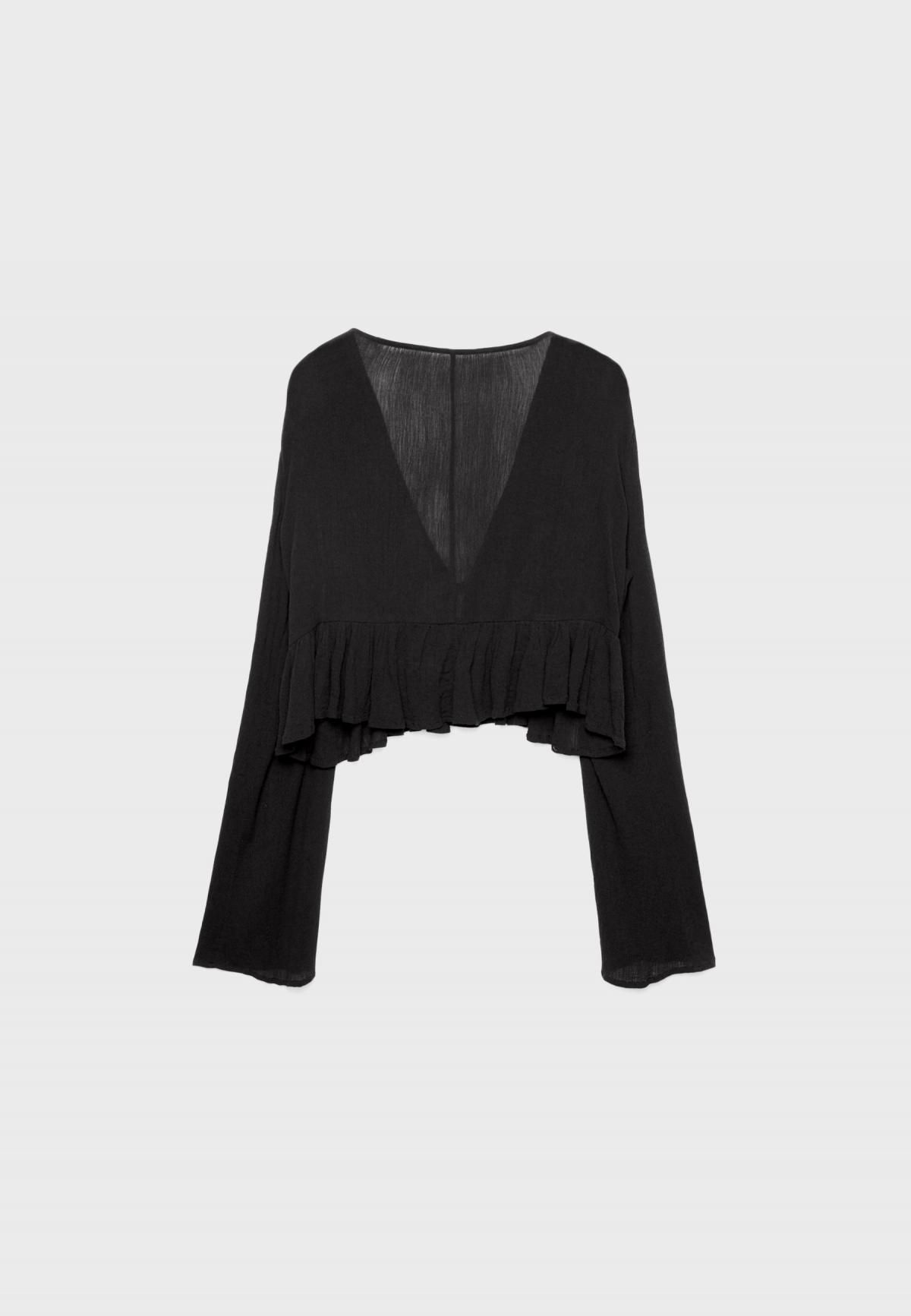 스트라디바리우스 러플 브이넥 타이 셔츠 블라우스 7145/550 BLACK - 상세 이미지 3