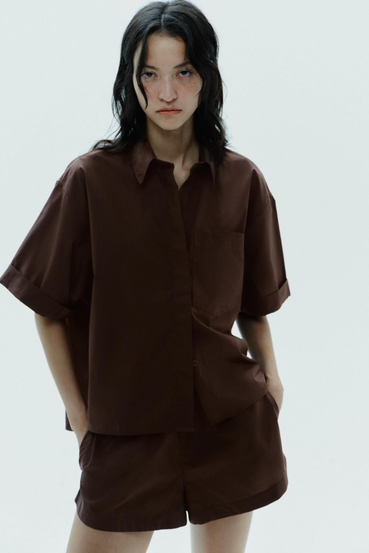 자라 미니멀 브라운 포플린 반팔 셔츠 7962/174 DARK BROWN - 상세 이미지 3