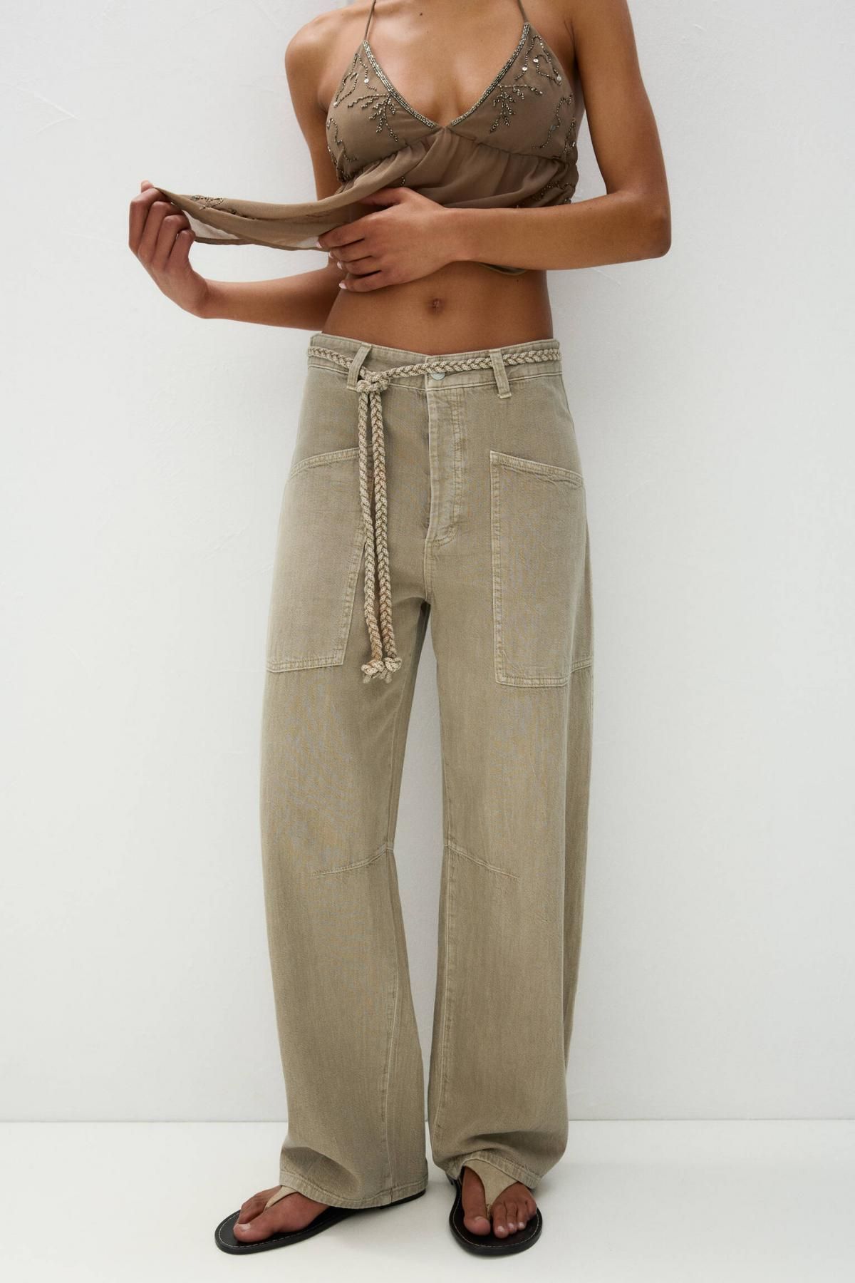 풀앤베어 트렌디 배기핏 면 와이드 팬츠 스트링 벨트 3680/336 OCHRE - 상품 이미지