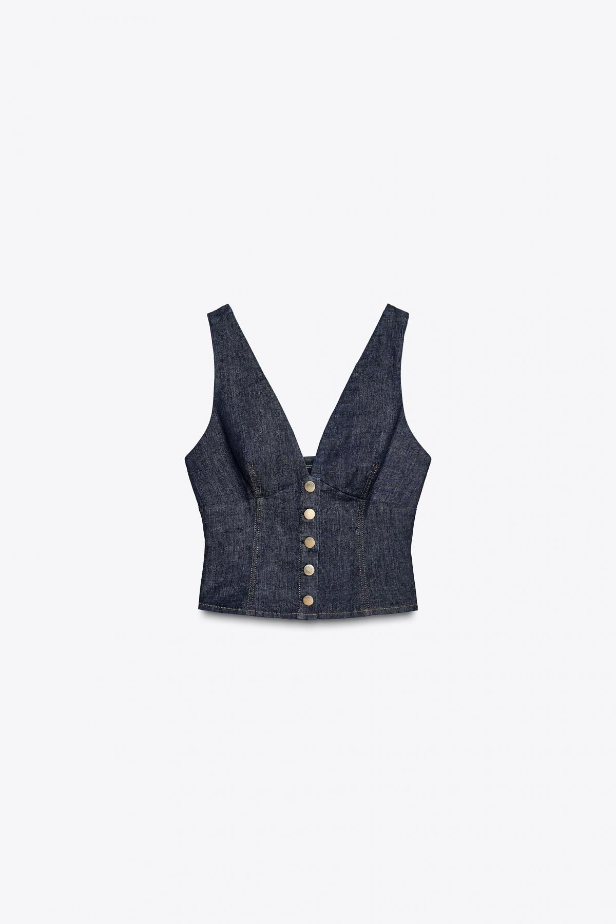 자라 데님 브이넥 크롭 슬리브리스 Z1975 DENIM CROP TOP 0779/057 BLUE - 메인 이미지