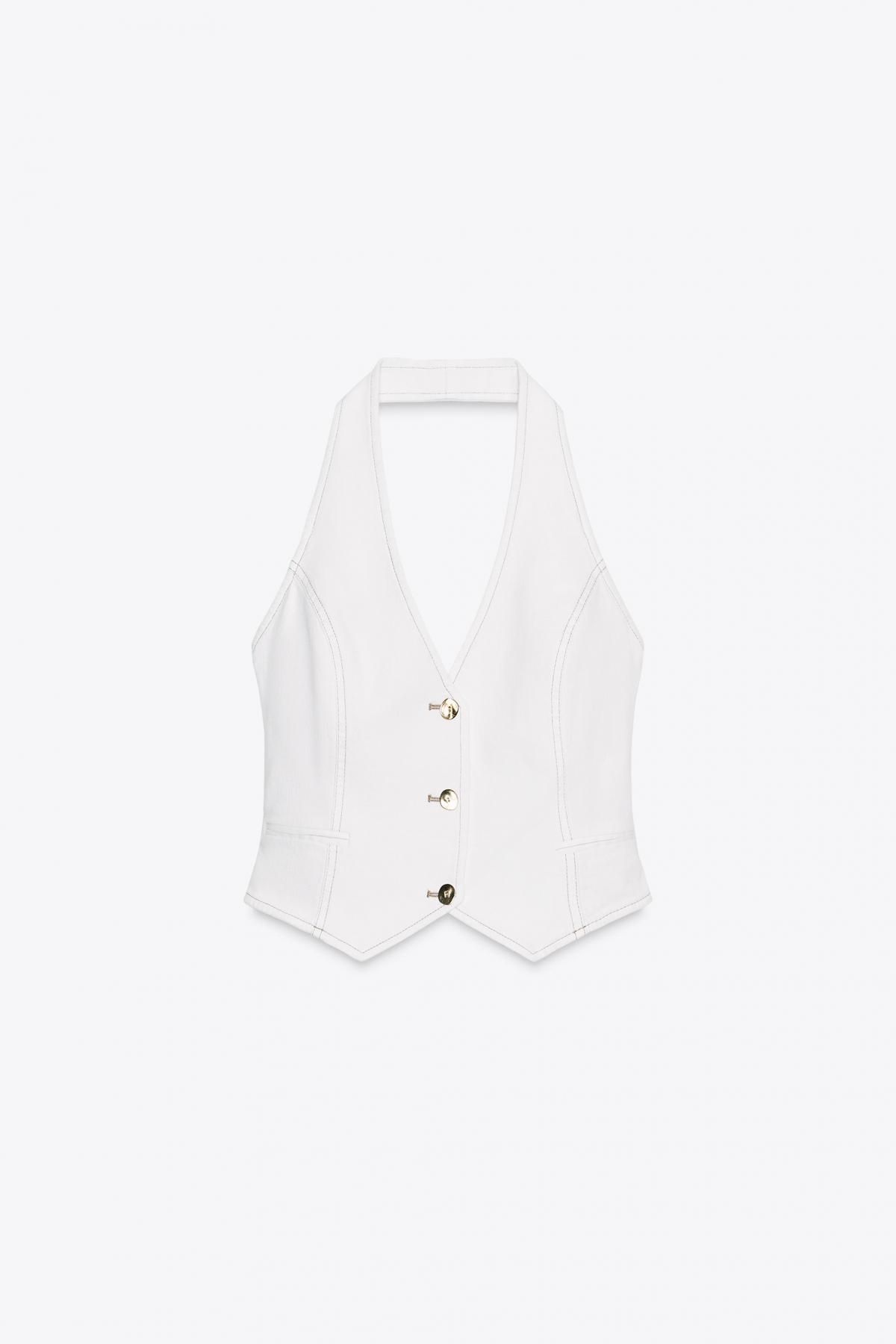 자라 데님 크롭 홀터넥 브이넥 탑 3727/622 WHITE - 메인 이미지