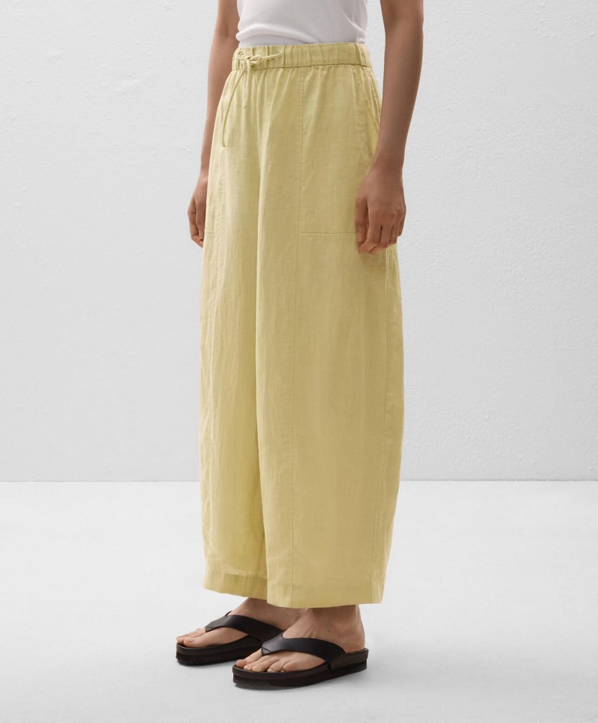 오이쇼 라이트옐로우 100 린넨 배럴 와이드 팬츠 3339/047 WASHEDLIME - 상품 이미지