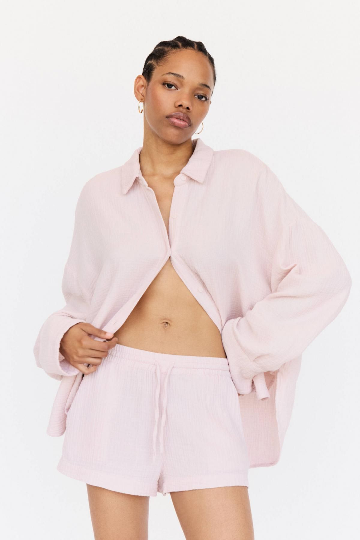 풀앤베어 텍스처 오버사이즈 코튼 밴딩 반바지 7696/350 PINK - 상세 이미지 3