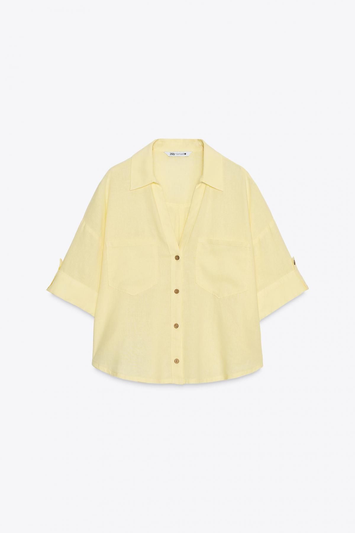 자라 크롭 린넨 브이넥 리베르카라 셔츠 2187/813 YELLOW - 메인 이미지