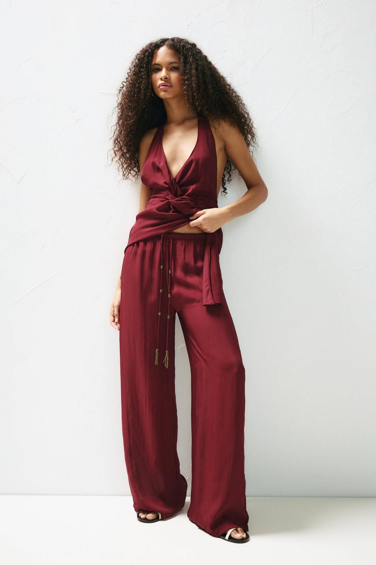 풀앤베어 버건디 플루이드 와이드 조거 팬츠 7675/345 MAROON - 상세 이미지 3