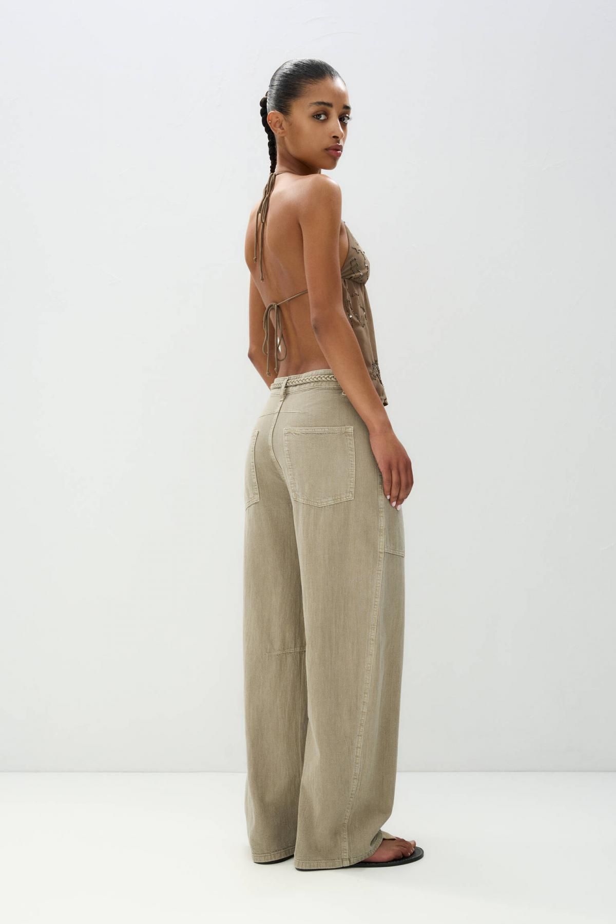 풀앤베어 트렌디 배기핏 면 와이드 팬츠 스트링 벨트 3680/336 OCHRE - 상세 이미지 4