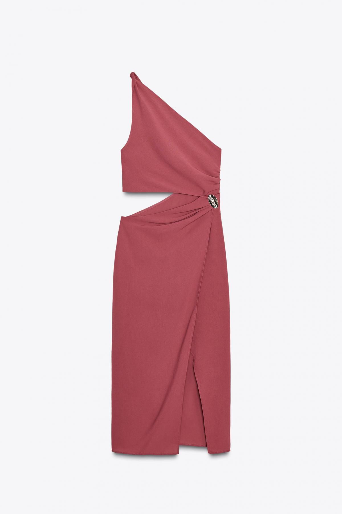 자라 골드장식 비대칭 웨이스트 미디 원피스 3897/110 BURGUNDY - 메인 이미지