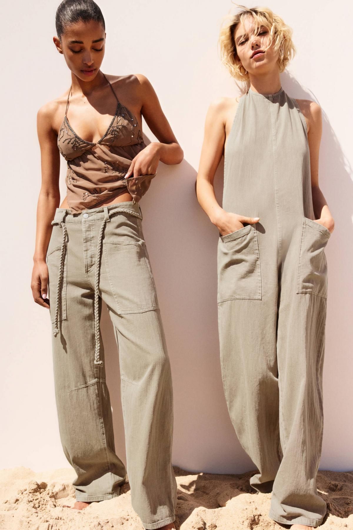 풀앤베어 트렌디 배기핏 면 와이드 팬츠 스트링 벨트 3680/336 OCHRE - 상세 이미지 2