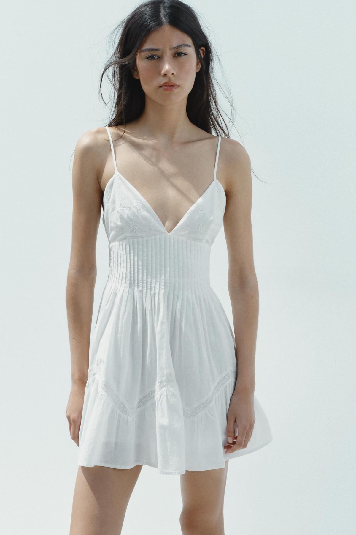 자라 브이넥 자수 코튼 스트랩 미니 원피스 0881/377 WHITE - 상세 이미지 3