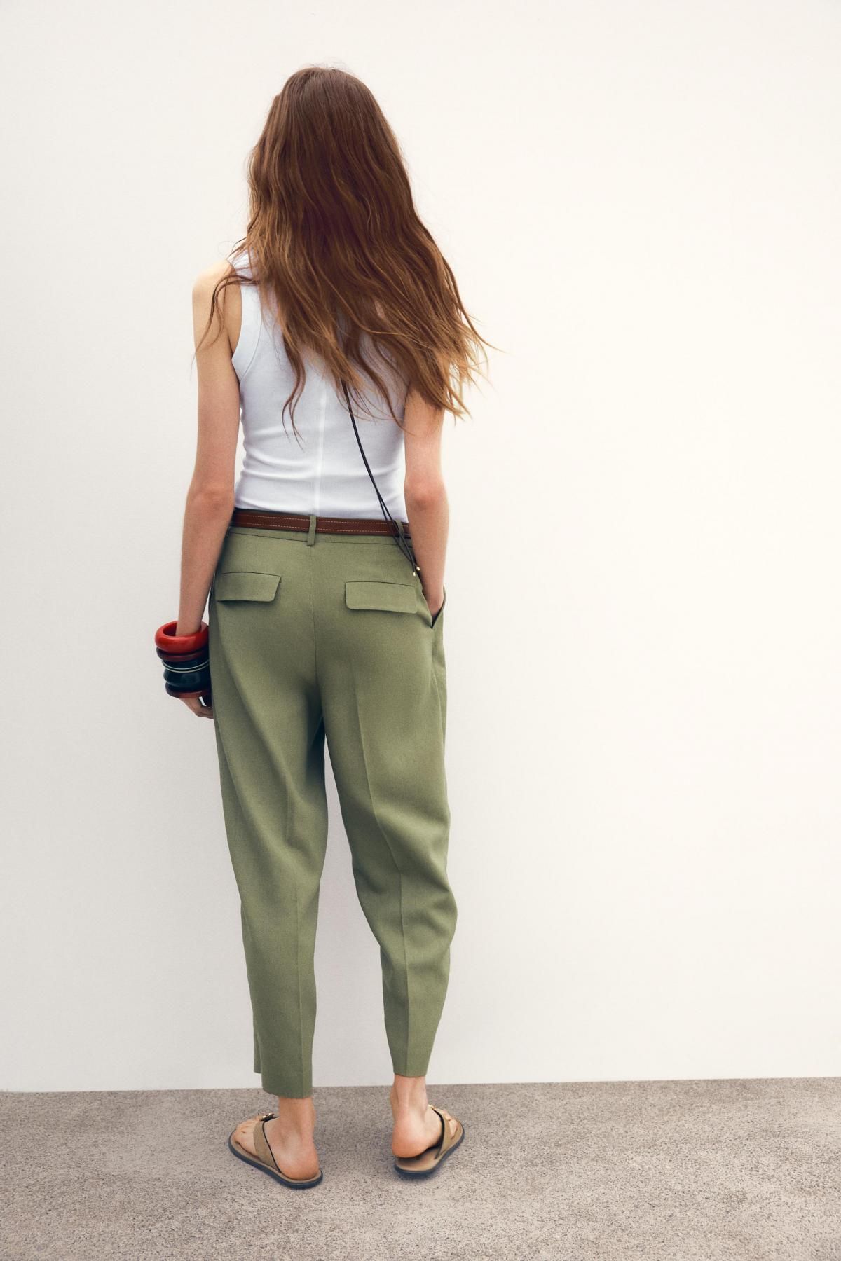 자라 린넨 벨티드 스트레이트 팬츠 2753/128 LIGHT KHAKI - 상세 이미지 4
