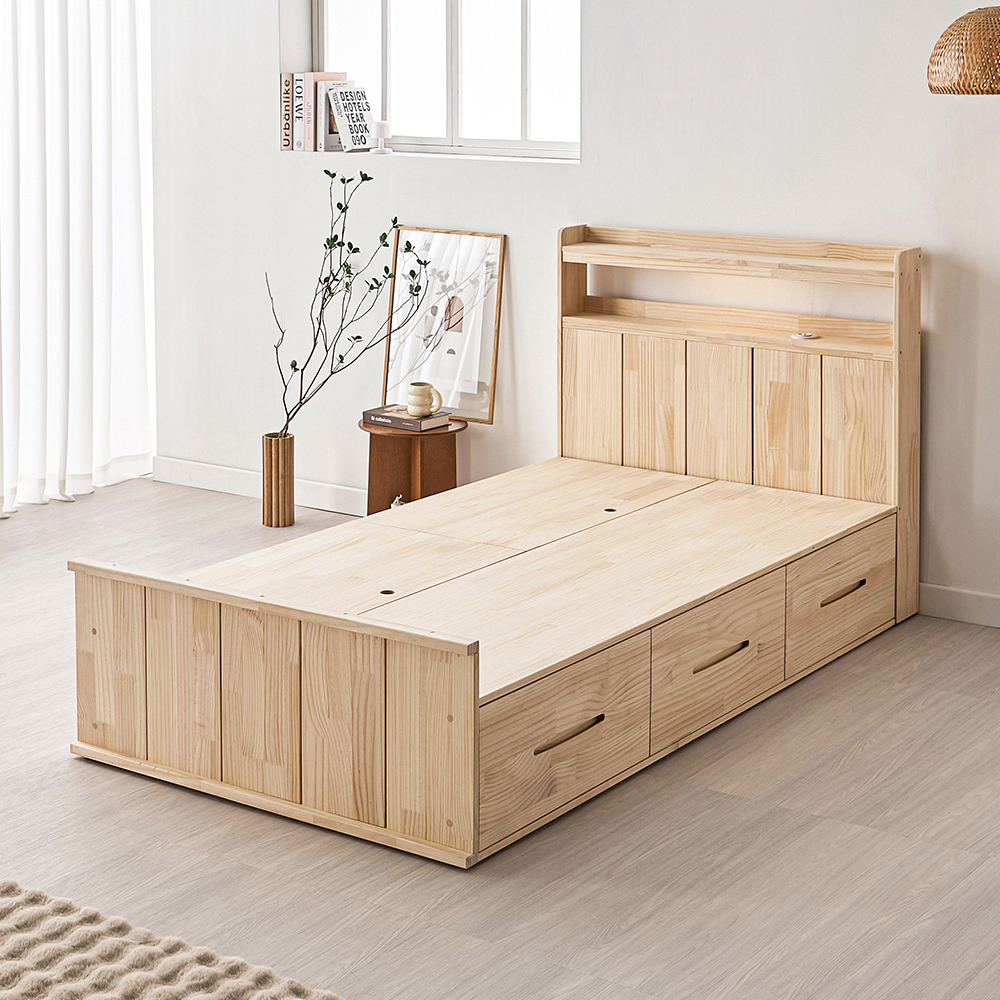 톡시 원목 LED 조명 서랍형 침대 프레임 슈퍼싱글