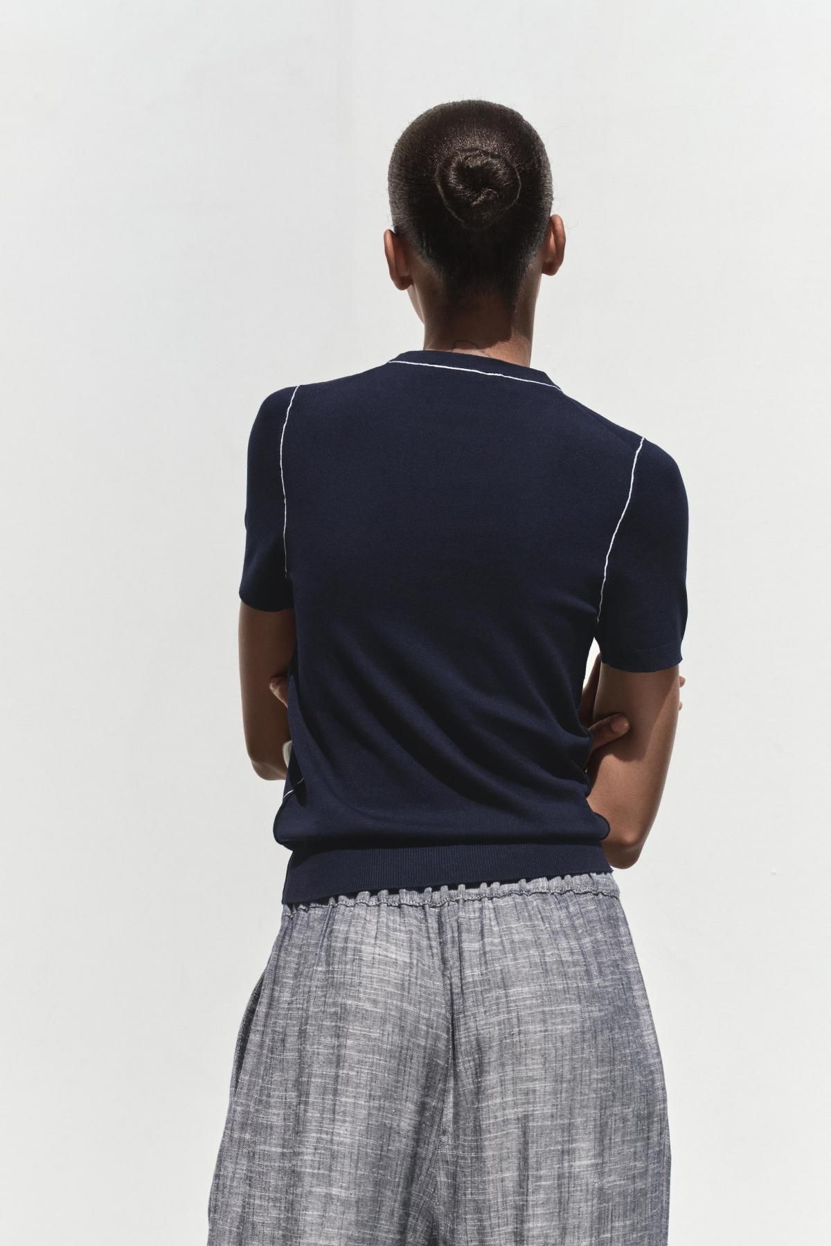 자라 미니멀 라운드넥 파이핑 반팔 니트탑 3390/008 NAVY / WHITE - 상세 이미지 5
