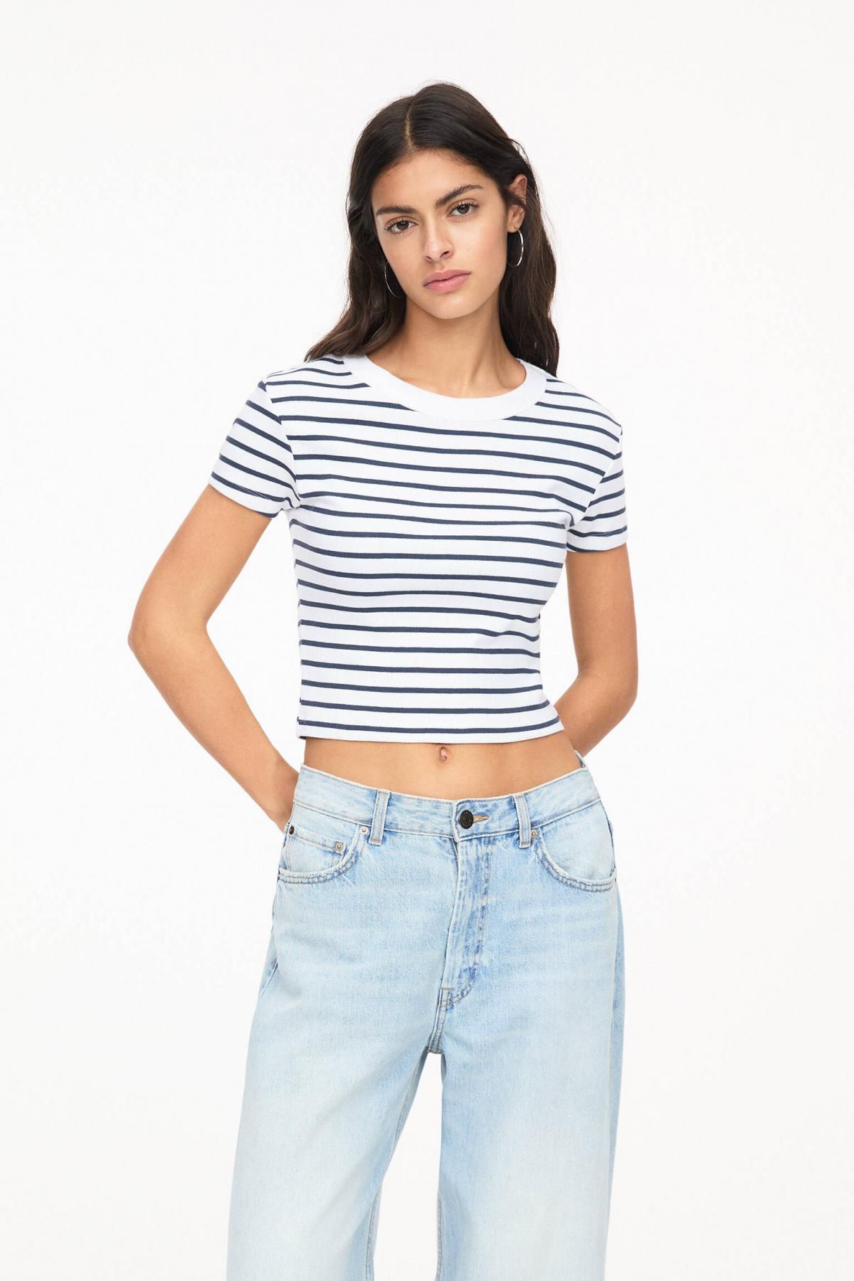 풀앤베어 스트라이프 크롭 립 반팔 티셔츠 3245/328 STRIPED - 상세 이미지 3
